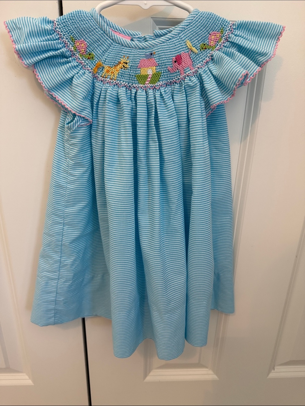 Light Blue Striped Smocked Kids Dress with Animal Embroidery